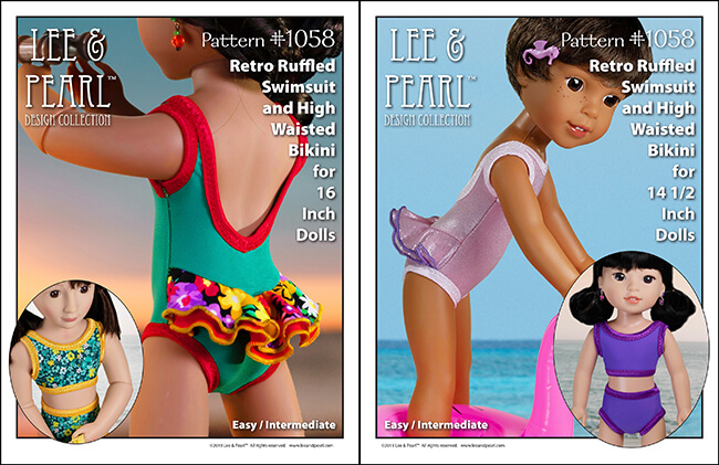 LIMITED TIME SALE PRICING ENDS JULY 4! Welcome summer with Lee & Pearl and our prettiest doll swimsuit pattern — Pattern 1058: Retro Ruffled Swimsuit and High Waisted Bikini for Dolls — NOW AVAILABLE for 16 inch A Girl for All Time® dolls and 14 1/2 inch WellieWishers® and similar dolls, as well as 18 inch American Girl® dolls.