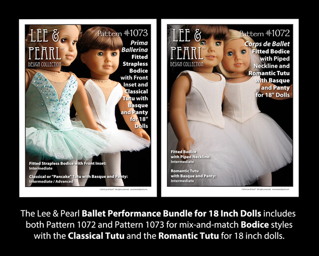 The Lee & Pearl BALLET PERFORMANCE BUNDLE for 18 Inch Dolls includes Pattern 1072: Corps de Ballet Fitted Bodice and Romantic Tutu and Pattern 1073: Prima Ballerina Strapless Bodice and Classical Tutu, Panty and Basque. Find this bundle in our Etsy shop at https://www.etsy.com/listing/271748202/ballet-performance-bundle-for-18-dolls