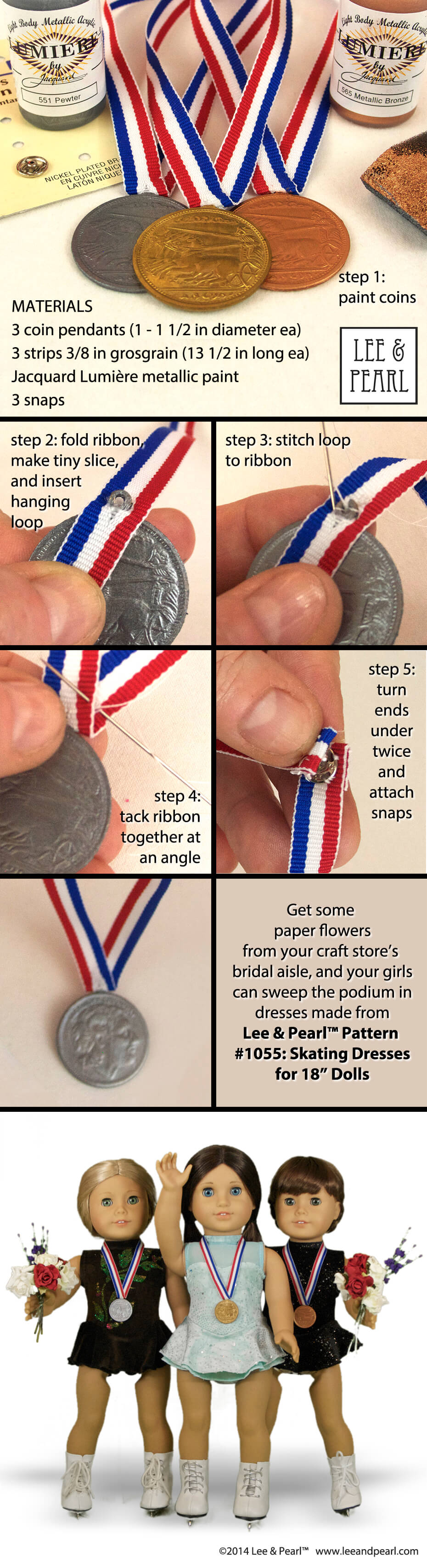 In this Lee & Pearl tutorial, we'll show you how to make your own American Girl / 18 inch doll-sized gold, silver and bronze Olympic style medals with coin pendants, 3/8 inch grosgrain ribbon and Jacquard Lumière paint-anything metallic paints.