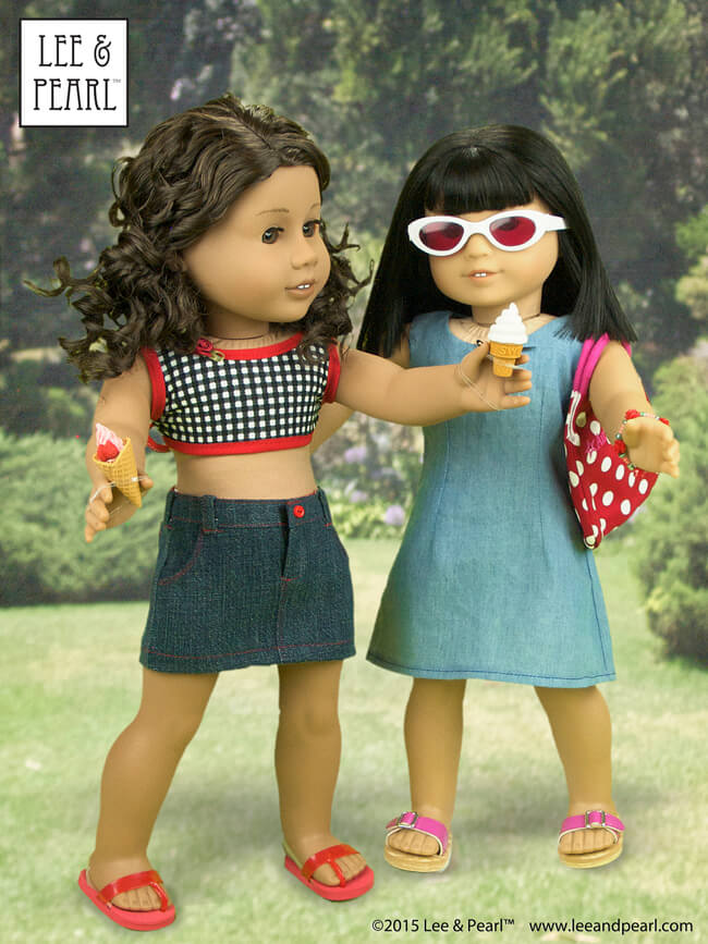 Our American Girl™ dolls brought Japanese eraser treats to the picnic! Our #26 wears a crop top made using Lee & Pearl Pattern #1058: Retro Ruffled Swimsuit and High Waisted Bikini for 18" Dolls, and a classic denim skirt from L&P #1041: Slim Skirts for 18" Dolls.Ivy wears a sundress made from the slip pattern in Lee & Pearl Pattern #1943: Molly Waves Goodbye. These patterns are available in our Etsy shop at https://www.etsy.com/shop/leeandpearl