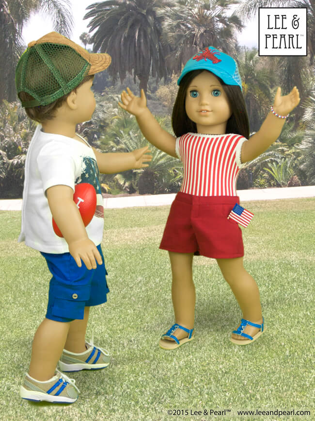 At Lee & Pearl, we are proud of our patterns for American Girl™ dolls — and custom boy dolls! Our Jack's v-neck t-shirt was made using Lee & Pearl Pattern #1001: Unisex T-Shirts for 18" Dolls and his shorts were made using L&P #1004: "Boy Style" Pants and Cargo Shorts for 18" Dolls. Both Jack and Chrissa wear easy-to-make trucker caps from L&P #1008: Classic Ball Cap and Big Fat Trucker Hat for 18" Dolls. These patterns are available in our Etsy shop at https://www.etsy.com/shop/leeandpearl