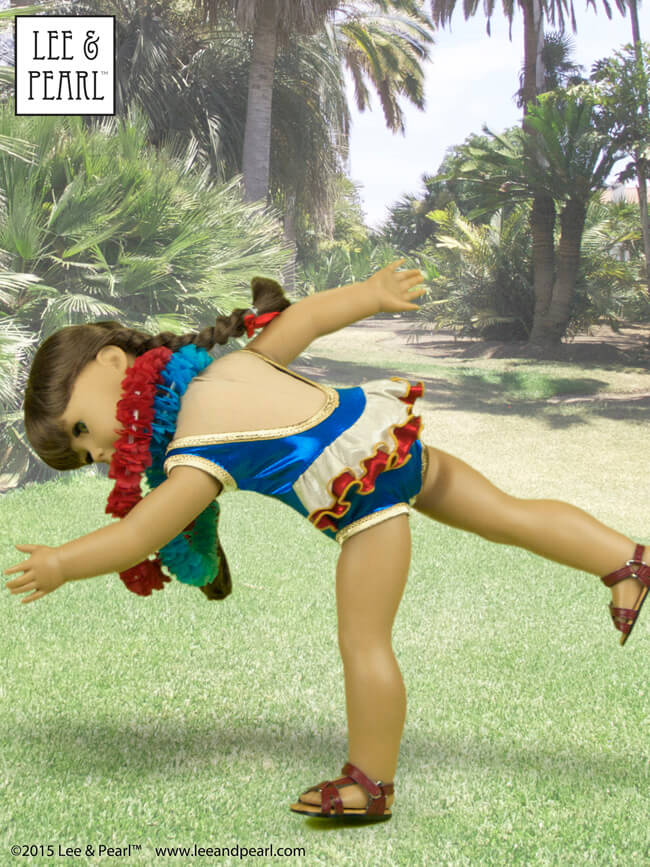 It can’t be the 4th of July without a dance from our American Girl™ Molly! We made her an extra-sparkly outfit using Lee & Pearl Pattern #1058: Retro Ruffled Swimsuit and High Waisted Bikini for 18" Dolls, metallic-dotted "Mystique" spandex fabric and a pair of fabric flower garlands made using our Hawaiian Lei tutorial. Visit our Etsy shop at https://www.etsy.com/shop/leeandpearl for the patterns, and click here for the Lei tutorial: https://www.pinterest.com/pin/455708056017778279/