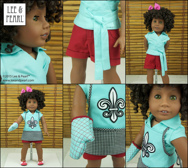 Our American Girl™ doll #58 wears an outfit made using our Bonjour, Paris Fabric & Trim Kit and Lee & Pearl patterns #1033: Bonjour, Paris Mini Wardrobe for 18” Dolls,  #1022: Cookie Time Apron, Pinafore and Oven Mitt for 18” Dolls, and #1031: Classic Wrap Dress and Peplum Top for 18” Dolls. Get #1022 and #1031 in our Etsy store at https://www.etsy.com/shop/leeandpearl and #1033 as our 2015 FREE gift to newsletter subscribers at http://leeandpearl.com/index.html#freepattern 