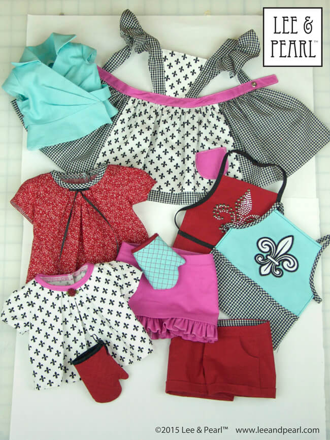 We made an entire Paris-themed wardrobe for our American Girl™ doll Grace and her friends using our favorite Lee & Pearl patterns and just ONE Bonjour, Paris Fabric & Trim Kit, a set of six coordinated fat quarters of high quality cotton fabric, with matching ribbon and ribbon flower trim. We made three full outfits — several pieces each for Grace and her friends Ella and Maddy — out of just one kit. Get the kit while supplies last in our Etsy store at https://www.etsy.com/shop/leeandpearl