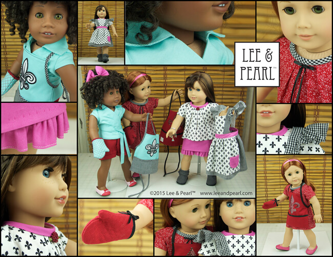 We made an entire Paris-themed wardrobe for our American Girl™ doll Grace and her friends using our favorite Lee & Pearl patterns and just ONE Bonjour, Paris Fabric & Trim Kit, a set of six coordinated fat quarters of high quality cotton fabric, with matching ribbon and ribbon flower trim. We made three full outfits — several pieces each for Grace and her friends Ella and Maddy — out of just one kit. Get the kit while supplies last in our Etsy store at https://www.etsy.com/shop/leeandpearl