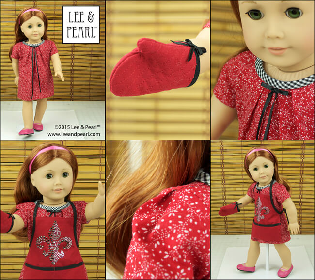 Our American Girl™ doll #61 wears an outfit made using our Bonjour, Paris Fabric & Trim Kit and Lee & Pearl patterns #1033: Bonjour, Paris Mini Wardrobe for 18" Dolls and Pattern #1022: Cookie Time Apron, Pinafore and Oven Mitt for 18" Dolls. Get Cookie Time in our Etsy store at https://www.etsy.com/shop/leeandpearl and the Bonjour, Paris pattern as our 2015 FREE gift to newsletter subscribers at http://leeandpearl.com/index.html#freepattern